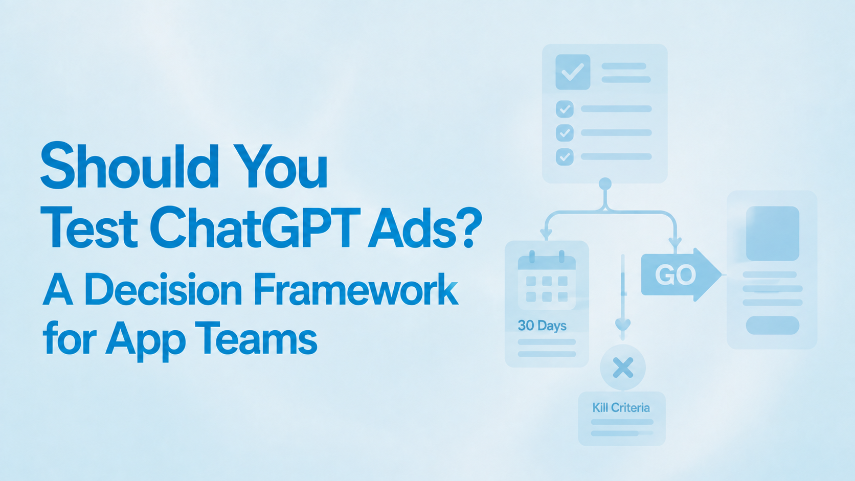Should You Test ChatGPT Ads? A Decision Framework for App Teams, with a checklist branching to a 30-day test, kill criteria and a go decision
